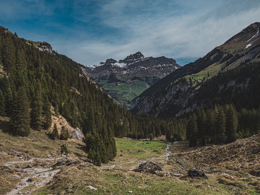 Beautiful valley landscape with snow-capped mountains in Unterschächen, Uri, Switzerland.