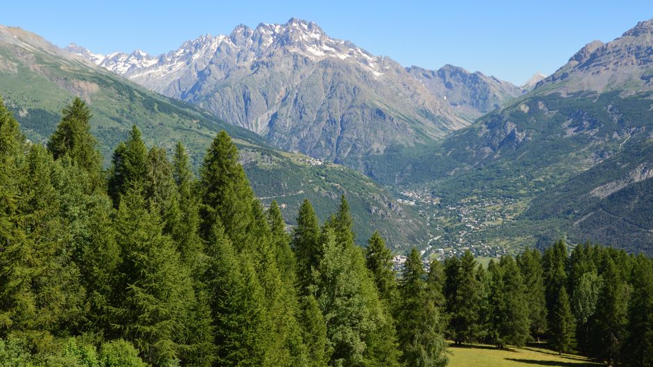 Breathtaking view of the Alps mountains and forest in Puy-Saint-Vincent, France.